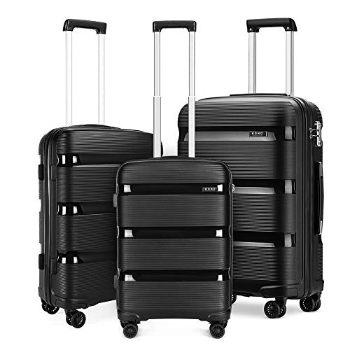 KONO Hartschalenkoffer Set 3 Teilig Reisekoffer Set mit TSA Schloss und 4 Zwillingsrollens, Modisch und Verschleißfest Polypropylen Gepäck in M-L-XL-Set (Schwarz) von KONO