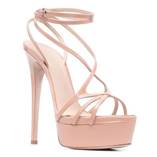 KOPQMJKIDFH Women's Stiletto High Platform Heel Dicke runde offene Zehen Knöchel Cross Tie Sandalen 15cm High Heel Rock mit Sandalen,Pink,45 von KOPQMJKIDFH