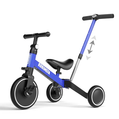 KORIMEFA 4 in 1 Laufräder Laufrad Kinderdreirad Dreirad Lauffahrrad Lauflernhilfe mit Schubstange für Kinder ab 1 Jahre bis 3 Jahren (Blau（mit Schubstange）) von KORIMEFA
