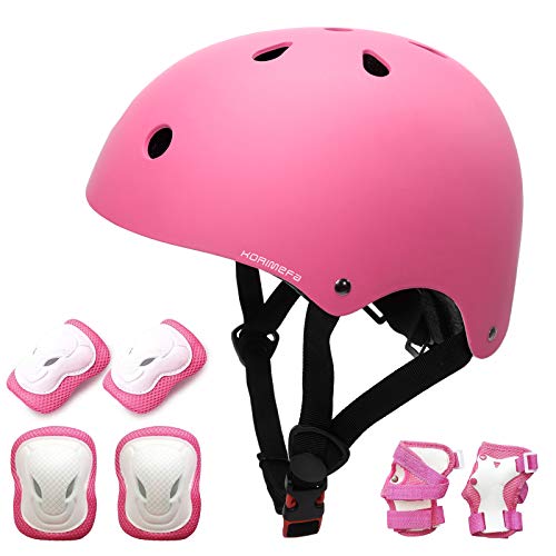 KORIMEFA Kinder Fahrradhelm mit 6er Schonerset Kinderhelm Skaterhelm Schutzausrüstung Verstellbar für Jungen Mädchen 3-13 Jahre CE-Zertifizierte Helme Protektoren für Fahrrad (Pink 7er Set, S) von KORIMEFA
