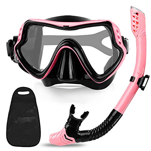 KOROSTRO Schnorchelset Erwachsene, Schnorcheln Set mit Taucherbrille und Dry Schnorchel für Erwachsene - wasserdichte Tauchmaske, Anti-Leck Anti-Fog, Tauchmaskeaus Gehärtetem Glas (Pink) von KOROSTRO