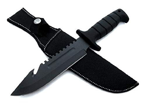 KOSxBO® massives Outdoor Survival schwarz Messer mit Scheide - Säge - SEK Messer 29 cm Überlebensmesser - Rettungsmesser - Gürtelmesser - Fahrtenmesser - Knife - Kampfmesser von KOSxBO
