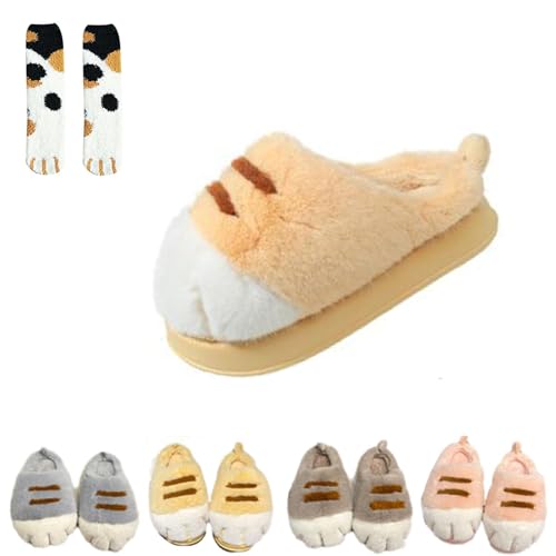 KQLULU Cat Paws Slippers, Cat Paw Slippers Women, Cat Feet Slippers,Cozy Plush Women Slippers, Indoor Outdoor Slippers Women,3D Cat Paws Slippers (38/39,Yellow) von KQLULU