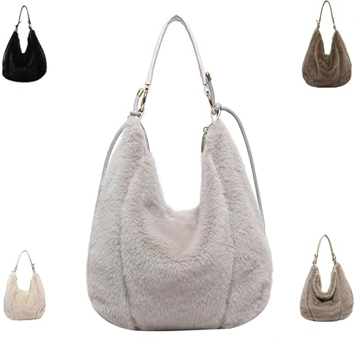 KQLULU Fluffy Tote Bag, Fuzzy Purse for Women Y2K Bag, Handbag Plush Tote Bag, Soft Handbag for Women, Furry Hobo Handbag (Light Gray) von KQLULU