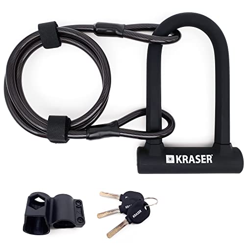 KRASER KR65145B Bügelschloss Fahrrad U Fahrradschloss Universal Hohe Sicherheit + Stahl Kabelschloss 120cm + Halterung von KRASER