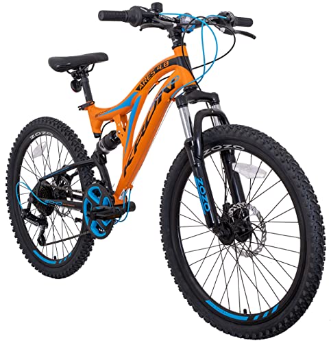 KRON ARES 4.0 Fully Kinder MTB 24 Zoll ab 8 Jahre | Mountainbike 21 Gang, Scheibenbremse, 15 Zoll Rahmen, Vollfederung, Orange Blau von KRON