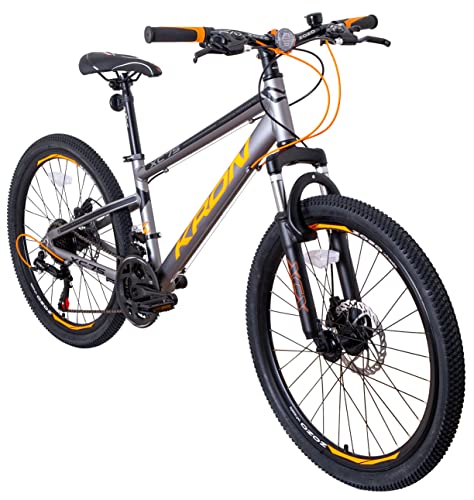 KRON XC 75 Kinder Mountain Bike 24 Zoll ab 8-9 Jahre | Aluminium MTB Fahrrad 21 Gang, Scheibenbremse, 13 Zoll Rahmen, Silber Orange von KRON