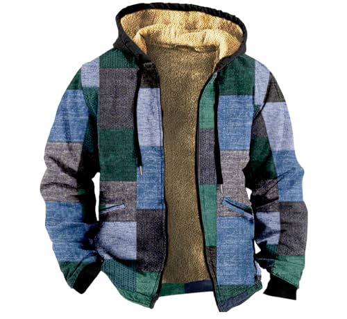 Herren Fleecejacke Mit Kapuze Und Durchgehendem Reißverschluss Vintage Holzfällerjacke Mit Kapuze Blau Karierter Patchwork-Mantel Mit Borg Sherpa Fleece Gefütterte Jacke Hippie Große Größe Für S-7Xl von KSKAN