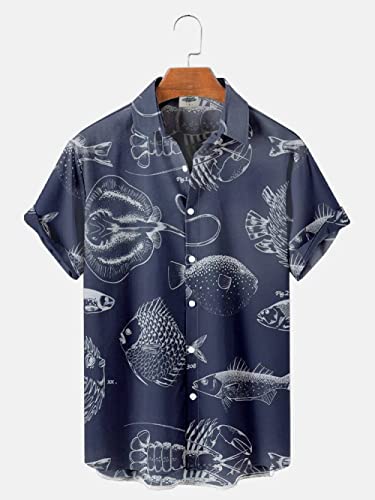 KSKAN Hemd Herren Kurzarm,Herren Hawaiian Hemd Marine Fisch Print Hemd Sommer Mystic Ocean Hemd Marineblau Neuheitendruck Hemd Herren Hawaiian Blumenhemd Funky Party Beach Shirt, S von KSKAN