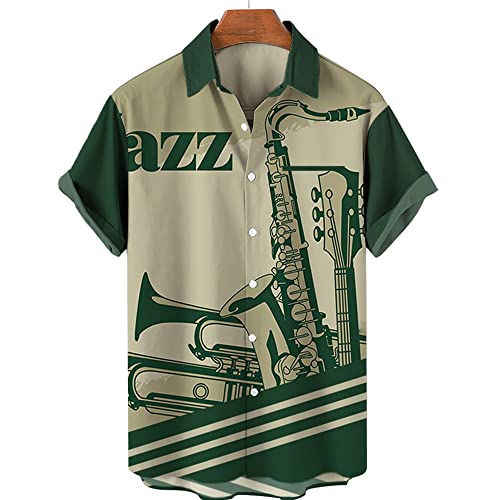 KSKAN Hemden Herren, Herren Hawaii Hemd Saxophon Print Shirt Jazz Musik Sommer Kurzarm T-Shirt Locker Fit Freizeit Sport Kubanisches Hemd Blumen Aloha Party Beach Tops,M von KSKAN