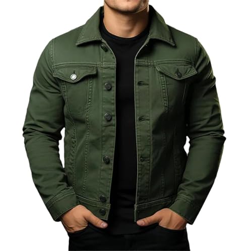 KSKAN Herren-Jeansjacke Im Western-Stil – Reine Farbe Lässige Arbeits-Cargo-Jacke Klassische Trucker-Leichte Herren-Bomber-Coach-Jacke Grün L von KSKAN