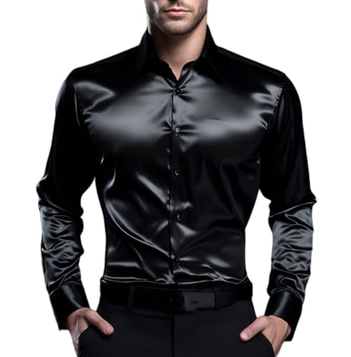 KSKAN Seidenähnliche Hemden Für Herren,Luxus Satin Langarm Casual Business Shir Stretch Festes Faltenfreies Regular Fit Hemd Für Nachtclub Abschlussball Hochzeit,Schwarz,XXL von KSKAN