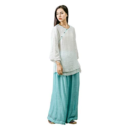 KSUA Damen Tai Chi Kleidung Zen Meditation Uniform Seide Baumwolle Kung Fu Kleidung, Weiß + Blau EU M/Etikett L von KSUA