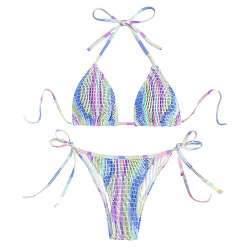 KUAIYIJU Damen-Bikini-Set, dreieckig, Regenbogenfarben, gestreift, zweiteilig, Bademode, Schnürung, Badeanzug, Strandmode von KUAIYIJU