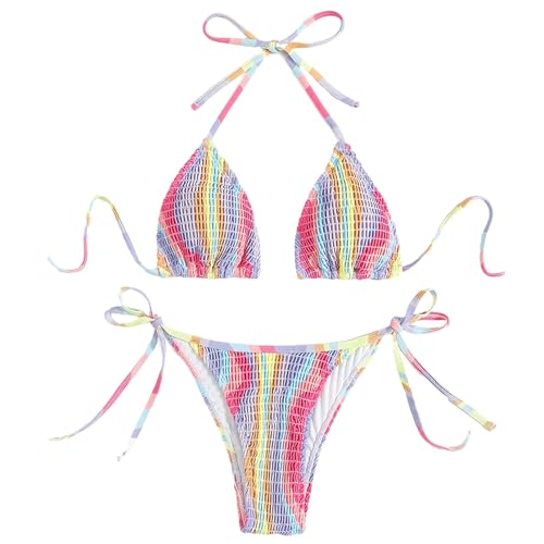 KUAIYIJU Damen-Bikini-Set, dreieckig, Regenbogenfarben, gestreift, zweiteilig, Bademode, Schnürung, Badeanzug, Strandmode von KUAIYIJU