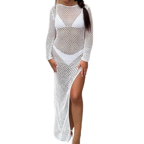 KUAIYIJU Häkelnetz-Badeanzug für Damen, sexy, ausgehöhlt, rückenfrei, lange Ärmel, seitlich geteilt, figurbetont, langes Kleid von KUAIYIJU