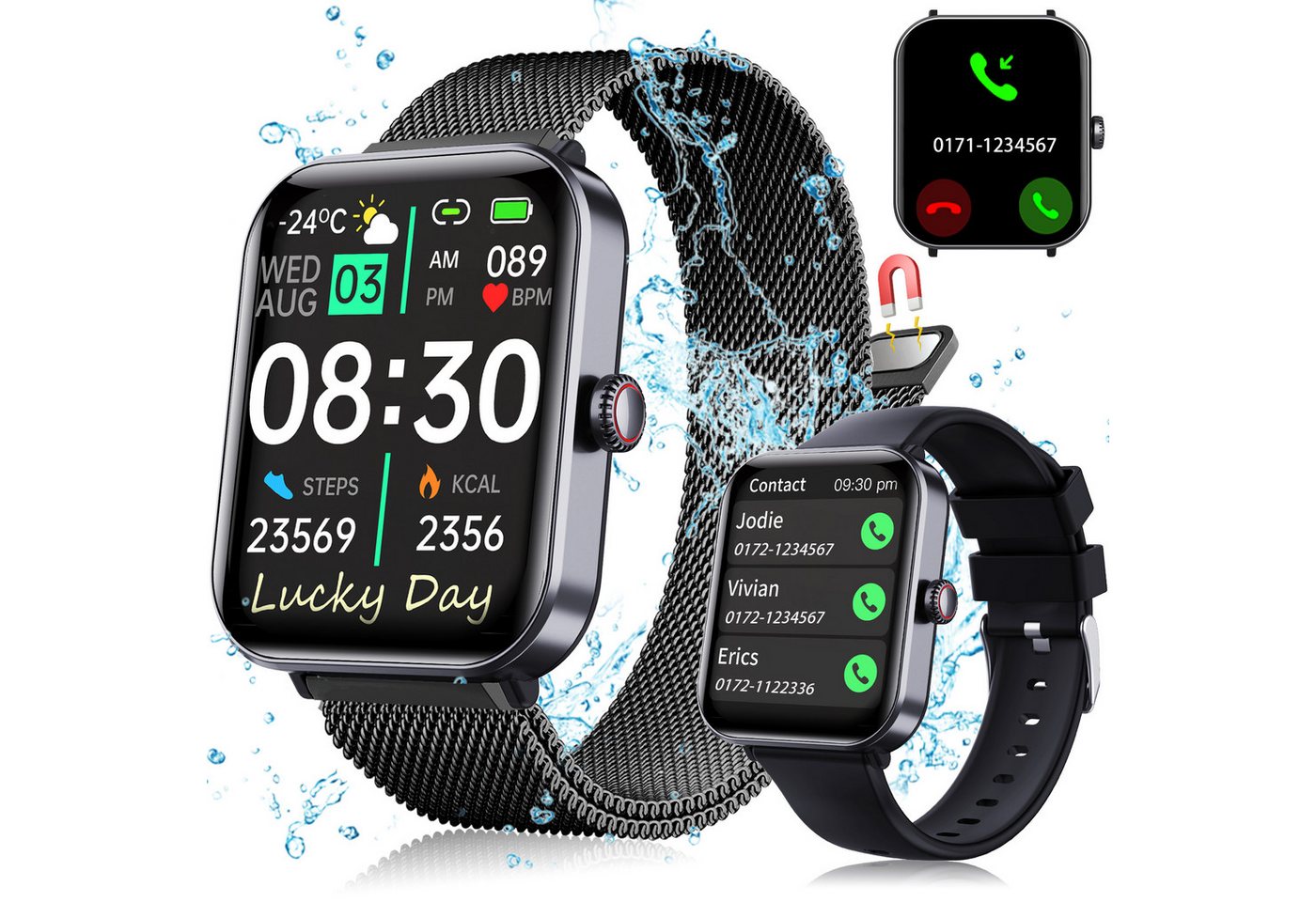 KUGI Smartwatch Damen Herren mit Telefonfunktion, 1.9" Zoll Smartwatch Touchscreen Fitnessuhr,IP67 Wasserdicht Smart Watch mit schrittzähler Pulsmesser Schlafmonitor, (Android 8 und höher)IOS(IOS13 oder höher)Zwei verschiedene Riemen von KUGI