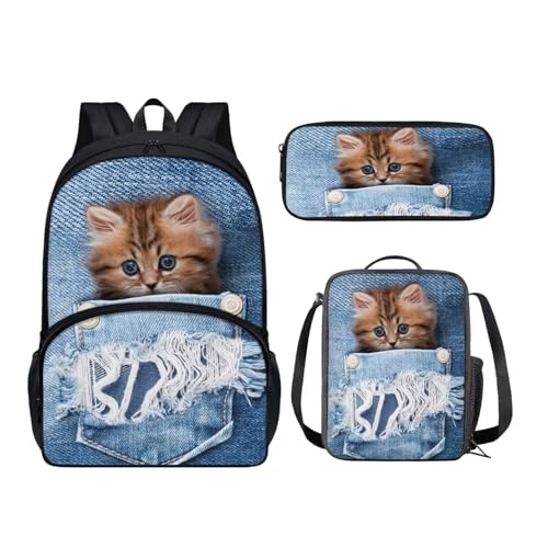 KUIFORTI 3-in-1-Schultaschen-Set für Kinder, Kindergarten-Rucksack mit Lunchbags, Federmäppchen für Jungen und Mädchen, lustiger Rucksack, Pocket Cat, Schulranzen-Set von KUIFORTI
