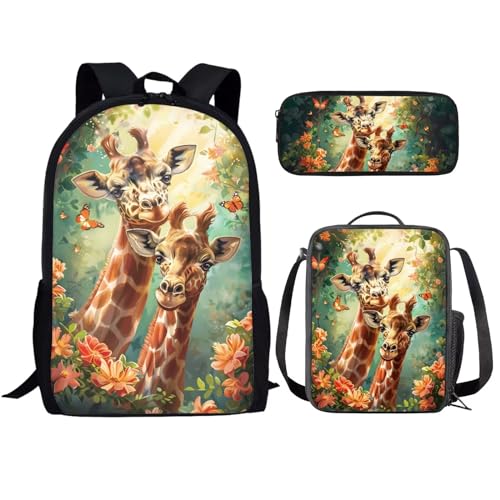 KUIFORTI Rucksack-Set, 3-in-1, Schultasche, Lunch-Tasche, Federmäppchen, Geschenk für Teenager, Jungen, Mädchen, Gelbe Tier-Giraffe, Einheitsgröße, Schulrucksack von KUIFORTI