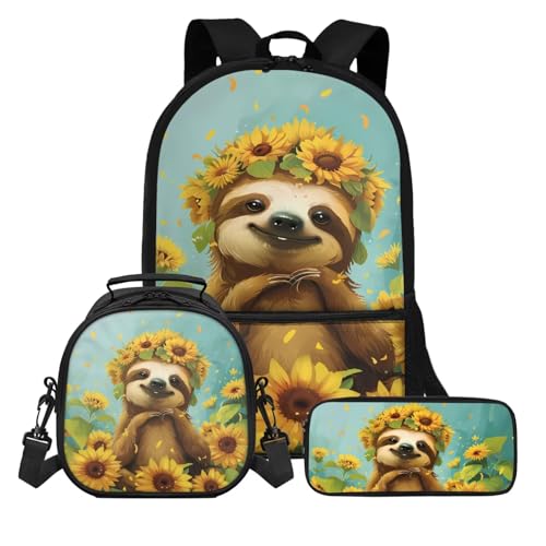 KUIFORTI Rucksack für Mädchen, Schulranzen-Set mit Lunchbox und Federmäppchen, 3-in-1 Büchertaschen, Schulrucksack für Kinder, Schulanfang, Sonnenblumen-Faultier, Einheitsgröße, Schulrucksack von KUIFORTI