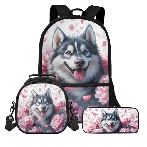 KUIFORTI Schulrucksack-Set für Jungen, Kinder, Schultaschen-Set mit Lunchbox, Federmäppchen, 3-in-1, Kinder-Büchertaschen, große Kapazität, Rucksack für Kindergarten, Grundschule, Niedlicher Husky, von KUIFORTI