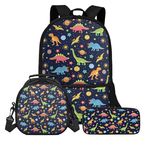 KUIFORTI Schulrucksack-Set für Jungen, Kinder, Schultaschen-Set mit Lunchbox, Federmäppchen, 3-in-1, Kinder-Büchertaschen, große Kapazität, Rucksack für Kindergarten, Grundschule, Tier-Dinosaurier, von KUIFORTI