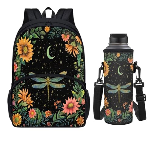KUIFORTI Schulrucksack mit Wasserflaschenhalter Set für Kinder Jungen Schultaschen Wasserflasche Tragetasche Schule Büchertaschen, Libelle mit Blume, Schulranzen-Set von KUIFORTI