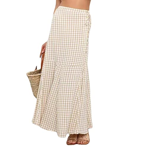 KUMADAI Maxirock Damen Lang Boho Hohe Taille Wickelrock Lässig Karierter Druck Sommerrock,Beige,XL von KUMADAI