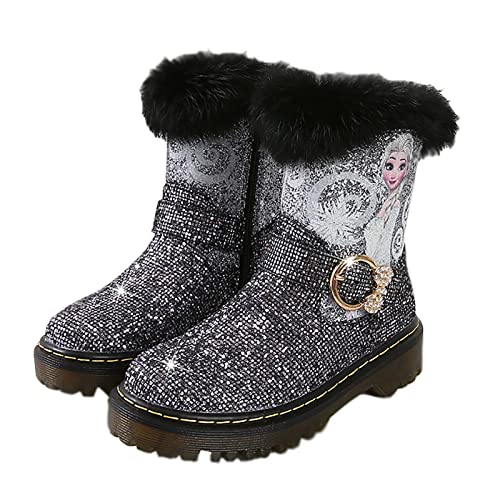 KUMADAI Schneestiefel Mädchen Prinzessin Schuhe ELSA Stiefel Kinder Winterstiefel mit Warmem Gefüttert Futter Gummistiefel Outdoor Schlupfstiefel Eiskönigin Kostüm Zubehör Karneval Party,Schwarz,29 von KUMADAI