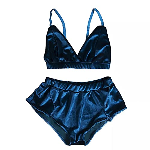 KUNIUO Frauen Samt Bikini Set Vintage Push Up Gepolsterter Verband Badeanzug Strand Baden Bademode Schwimmen BH-Blue,L von KUNIUO