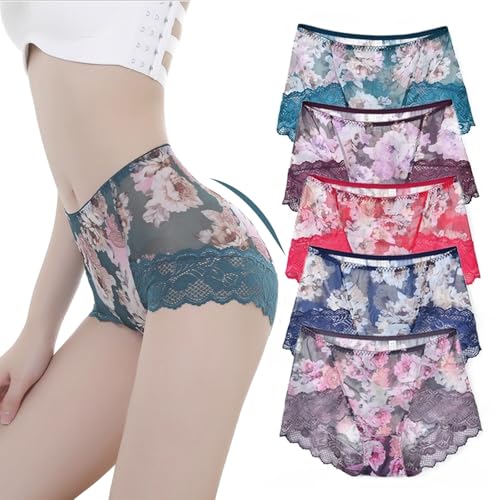 KURTIK 5PCS Women 's Flower Pattern Satin Briefs, Sexy Unterwäsche für Frauen, Silky Comfort Hip Lift Panties (5PCS-D,3XL (80-90KG)) von KURTIK