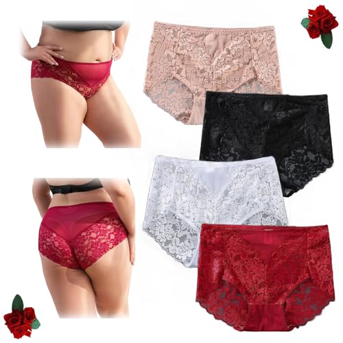 KURTIK Lacyfit - Silky Comfort High Waist Panties, Sexy Unterwäsche für Frauen Plus Size Lace Panties High Waisted (4PCS,XL (70-90KG)) von KURTIK