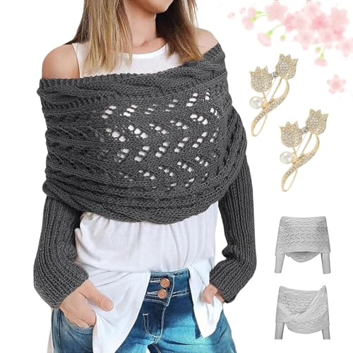 Women 'S Knitted Double Sleeve Scarf Multifunktionsschal mit Ärmeln Schal mit Ärmeln für Frauen gestrickt Cable Wrap (Dunkelgrau,Einheitsgröße) von KURTIK