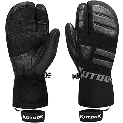 KUTOOK Skihandschuhe Herren Damen Fäustlinge Winterhandschuhe Fingerhandschuhe Thermo Ziegenleder 3M Thinsulate Wasserdicht Winddicht für Ski Snowboard WintersportSchwarz&Grau, XL (SF9503T) von KUTOOK