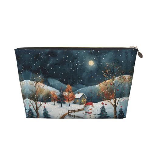 Make-up-Tasche für Damen mit Winter-Schneemann-Haus-Print, große Kapazität, Reise-Make-up-Tasche aus Leder, wasserdicht, Kulturbeutel, Rasierbeutel von KWQDOZF