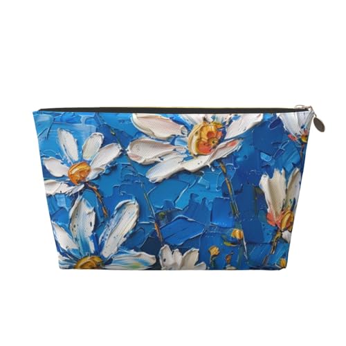 Make-up-Tasche für Damen mit blauem Boden und weißen Blumen, Aufdruck, große Kapazität, Reise-Make-up-Tasche, wasserdichte Kulturtasche aus Leder, Rasierbeutel von KWQDOZF