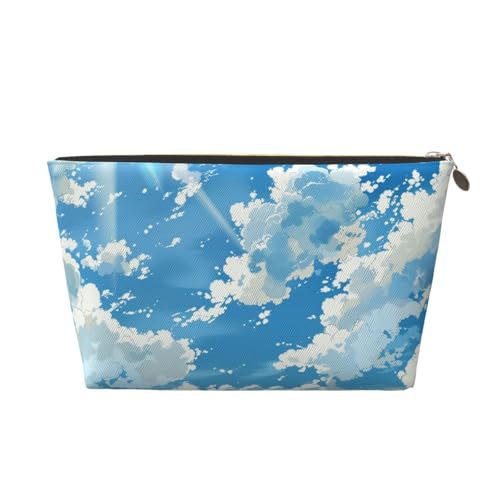 Make-up-Tasche für Damen mit blauem Himmel und weißen Wolken, Bedruckt, große Kapazität, Reise-Make-up-Tasche, wasserdichte Kulturbeutel aus Leder, Rasierbeutel von KWQDOZF