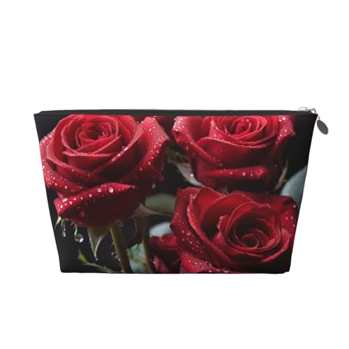 Make-up-Tasche für Damen mit rotem Rosen-Print, große Kapazität, Reise-Make-up-Tasche aus Leder, wasserdicht, Kulturbeutel, Rasierbeutel von KWQDOZF