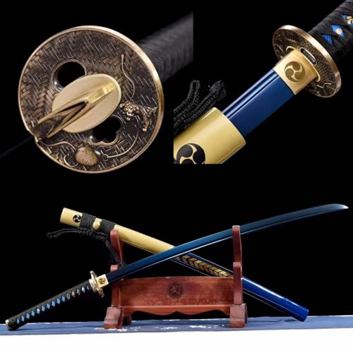 103cm echtes Katana-Schwert,Federstahl geschmiedetes Katana,reinem Kupfer Tsuba,Holz Scheide mit bemaltem Muster,Handgefertigt Samurai-Schwert für Kendo,Geschenke,Dekoration,Präsentation von KWXPW