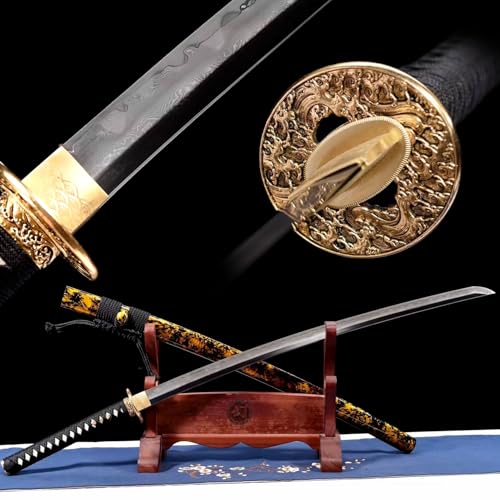 103cm handgefertigt Samurai-Schwert,Musterstahl Und T10-Stahl Klinge,reinem Kupfer vergoldet versilbert Handschutz,Holzscheide,Japanisches Katana-Schwert zum Sammeln,Verschenken von KWXPW