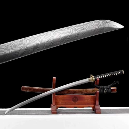 Handgefertigtes Echtes Katana,Musterstahl Klinge,Scheide aus Massivholz mit Handgravierten Mustern,Geschnitzter Handschutz aus Reinem Kupfer,Traditioneller Schmiedeprozess Samuraischwerter von KWXPW