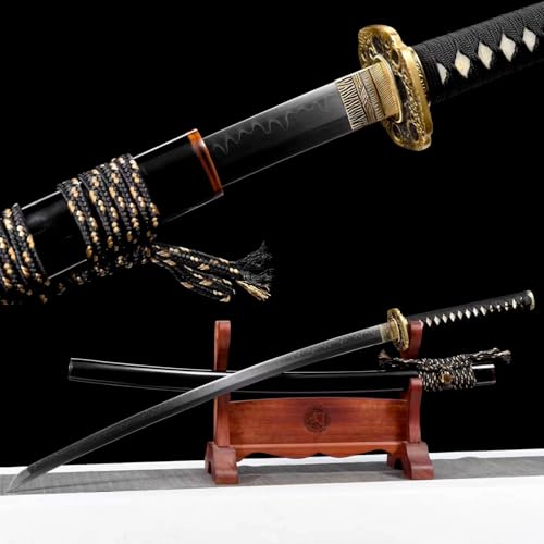 Handgeschmiedetes Samurai-Schwert Katana mit T10-Stahl Klinge,Gesamtlänge mit Scheide 103 cm,Handschutz ist aus Reinem Kupfer Geschnitzt,Scheide aus Massivholz mit Zierschnalle aus Horn von KWXPW