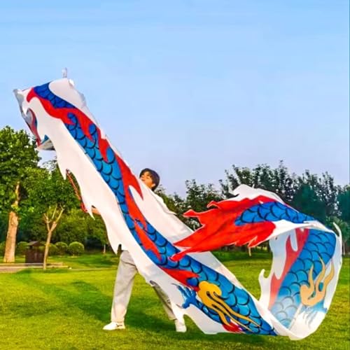Seide Flowy Flinging Dragon Streamer, Dragon Outdoor Fitness Drachen-Schleuderband, fließender Drachen-Streamer mit 3D-realistischem Drachenkopf(White,10 m (33 ft)) von KXAOXGRC