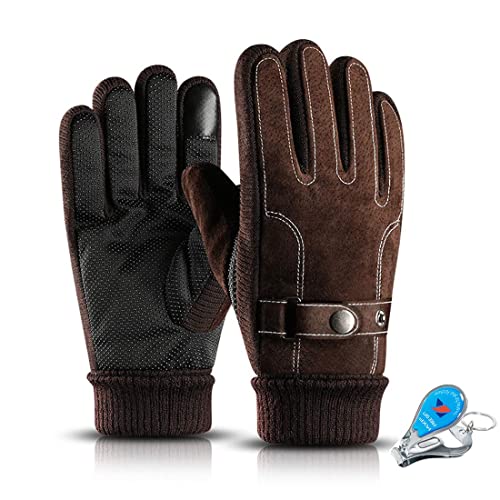 KXF Thermo-Handschuhe für Herren, Leder, Winterhandschuhe, dick, warm, mit Fleece gefüttert, winddicht, kältebeständig, Touchscreen-Handschuhe für Radfahren, Fahren, Laufen, Camping, Wandern von KXF