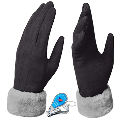 KXF Warme Winterhandschuhe für Damen, superweiches Wildleder, Touchscreen, Dickes Fleece gefüttert, Handschuhe, kaltes Wetter, Winddicht, Outdoor-Sport-Handschuhe (Schwarz) von KXF