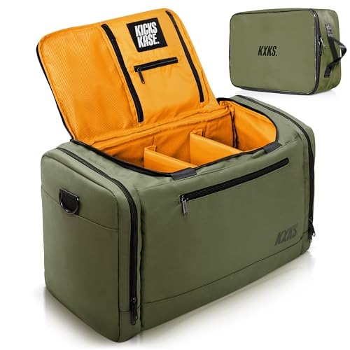 KXKS. (Kicks Kase Premium Sneaker Bag & Travel Duffel Bag - 3 verstellbare Fächereinteilungen - Für Schuhe, Kleidung und Fitnessstudio (Combat Green/Orange) von KXKS.