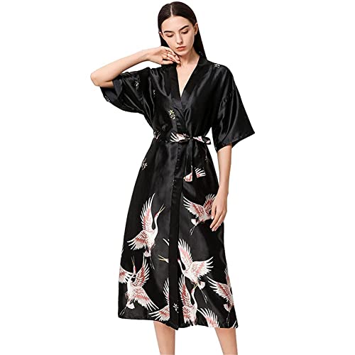 Bademantel Damen Bademantel Sommer 2 Stück Seidensatin Kimono Langer Morgenmantel Bedruckt V-Ausschnitt mit Gürtel Hochzeit Party Nachtwäsche für Hochzeit Braut Brautjungfern Mädchen (Grau L) von KXQYIKYI