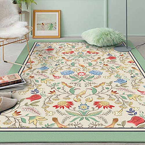 Flächenteppich, weicher Kurzflor, für Wohnzimmer, Schlafzimmer, Esszimmer, Home Office, rutschfeste Teppiche, Bodenmatte, rot, grün, Blumen, Blätter, fliegende Vögel, quadratisch, 100 x 100 cm ( von KXQYIKYI