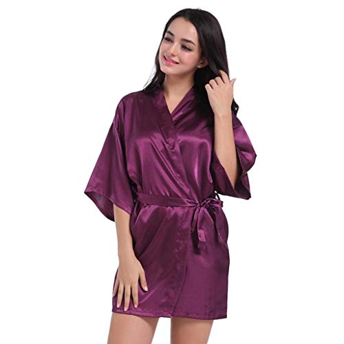 KXQYIKYI Damen-Bademantel, Damen-Morgenmantel, Seiden-Satin-Nachthemd, kurzes Kimono-Pyjama-Kleid, Bademantel, Nachthemd, Nachtwäsche, Nachthemd (Schwarz, M) von KXQYIKYI