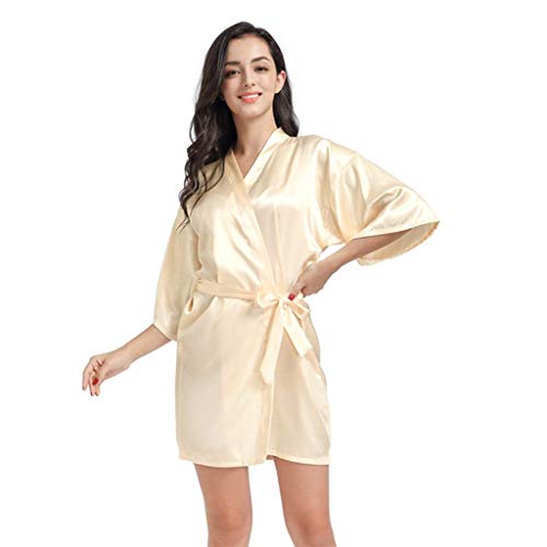 KXQYIKYI Damen-Bademantel, Damen-Morgenmantel, Seidensatin-Nachthemd, kurzes Kimono-Pyjama-Kleid, Bademantel, Nachthemd, Nachtwäsche, Nachthemd (Schwarz, M) von KXQYIKYI